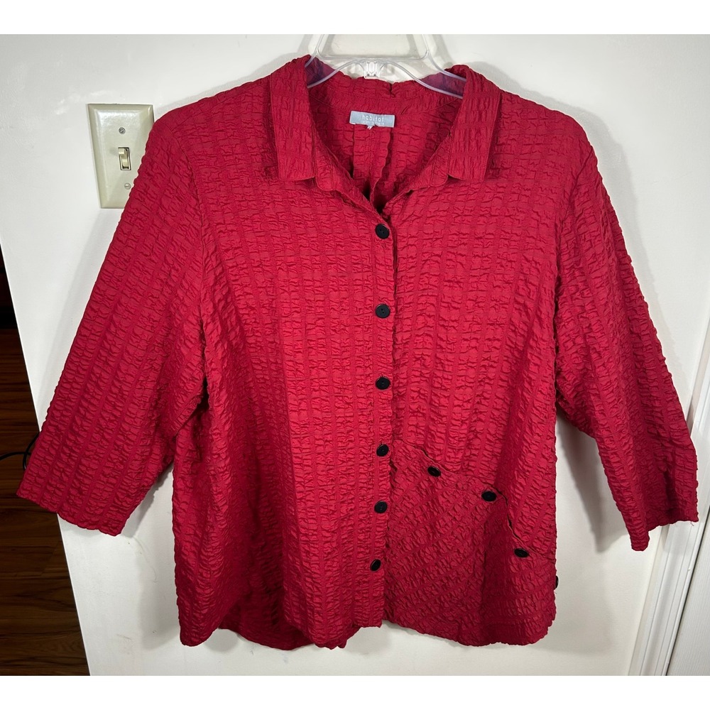 Habitat Textured Button Down Women XL Red Lagenlook Seersucker Artsy Shirt Chic